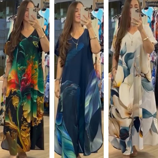 ✨👗2025 Nový V tisk dámské volné ležérní šaty s krátkým rukávem