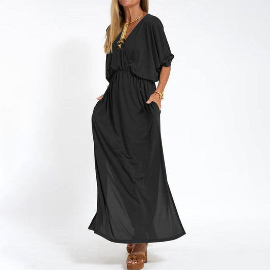 👗Elegantní jednobarevné šaty s vysokým pasem a výstřihem do V